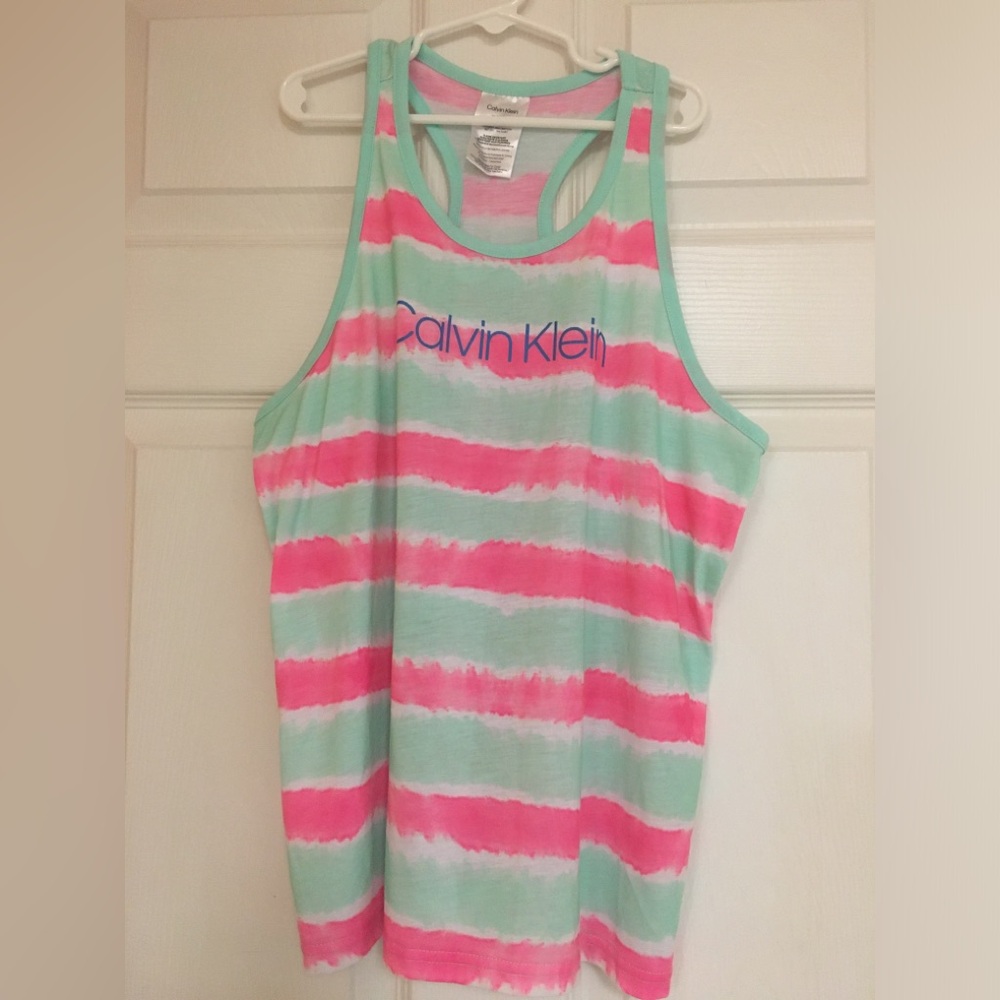 Calvin Klein Racer Back Tank Top Striped Pink And Mint Green Large (10-12)